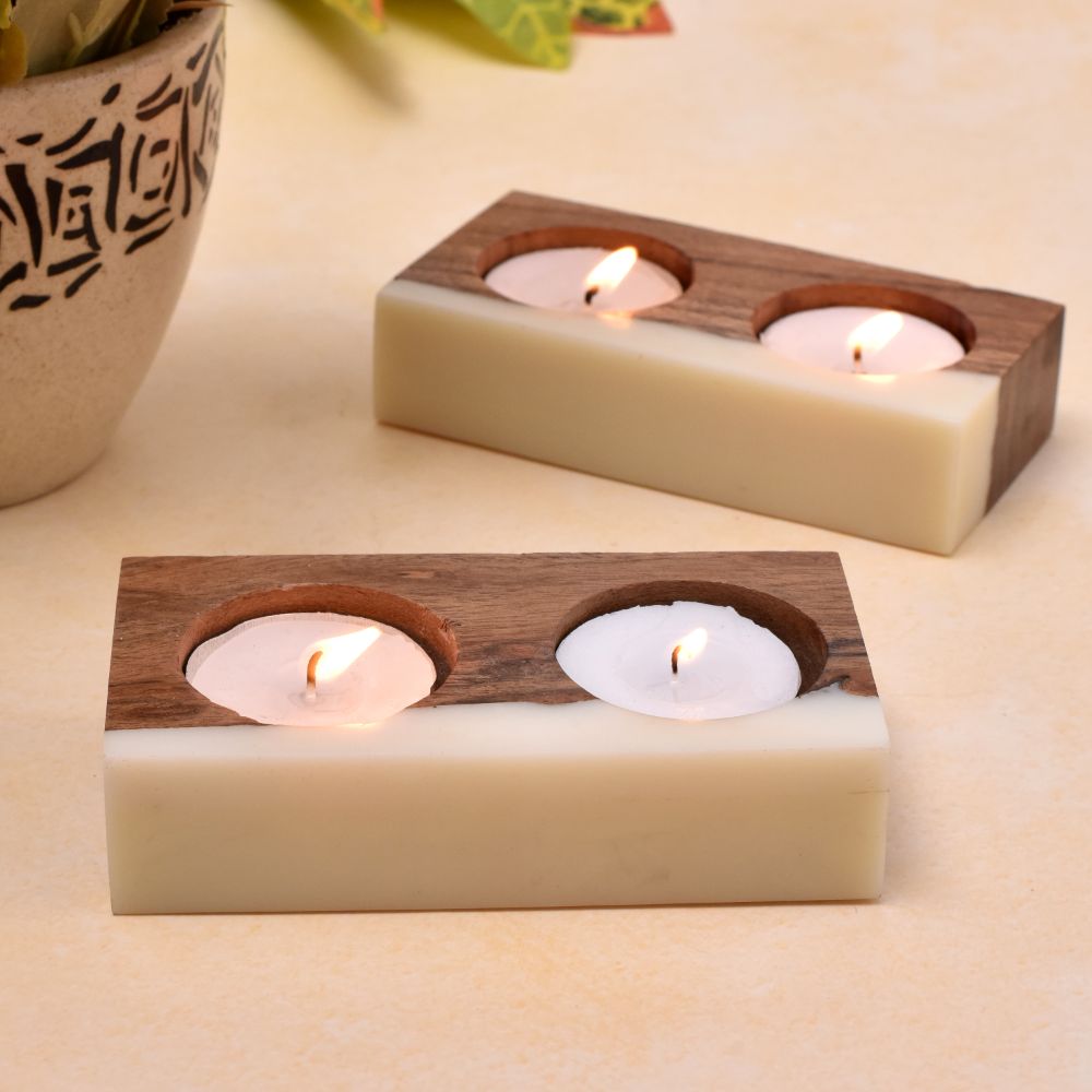 Wood Tea-light Holder with a White Resin Finish - 2 Piece